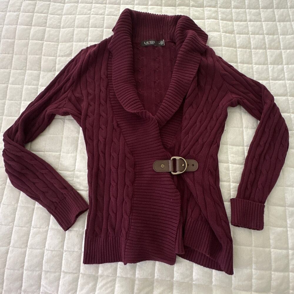 LRL Ralph Lauren Sweater Womens Medium Burgundy Buckled Cotton Classic Preppy - Picture 2 of 10